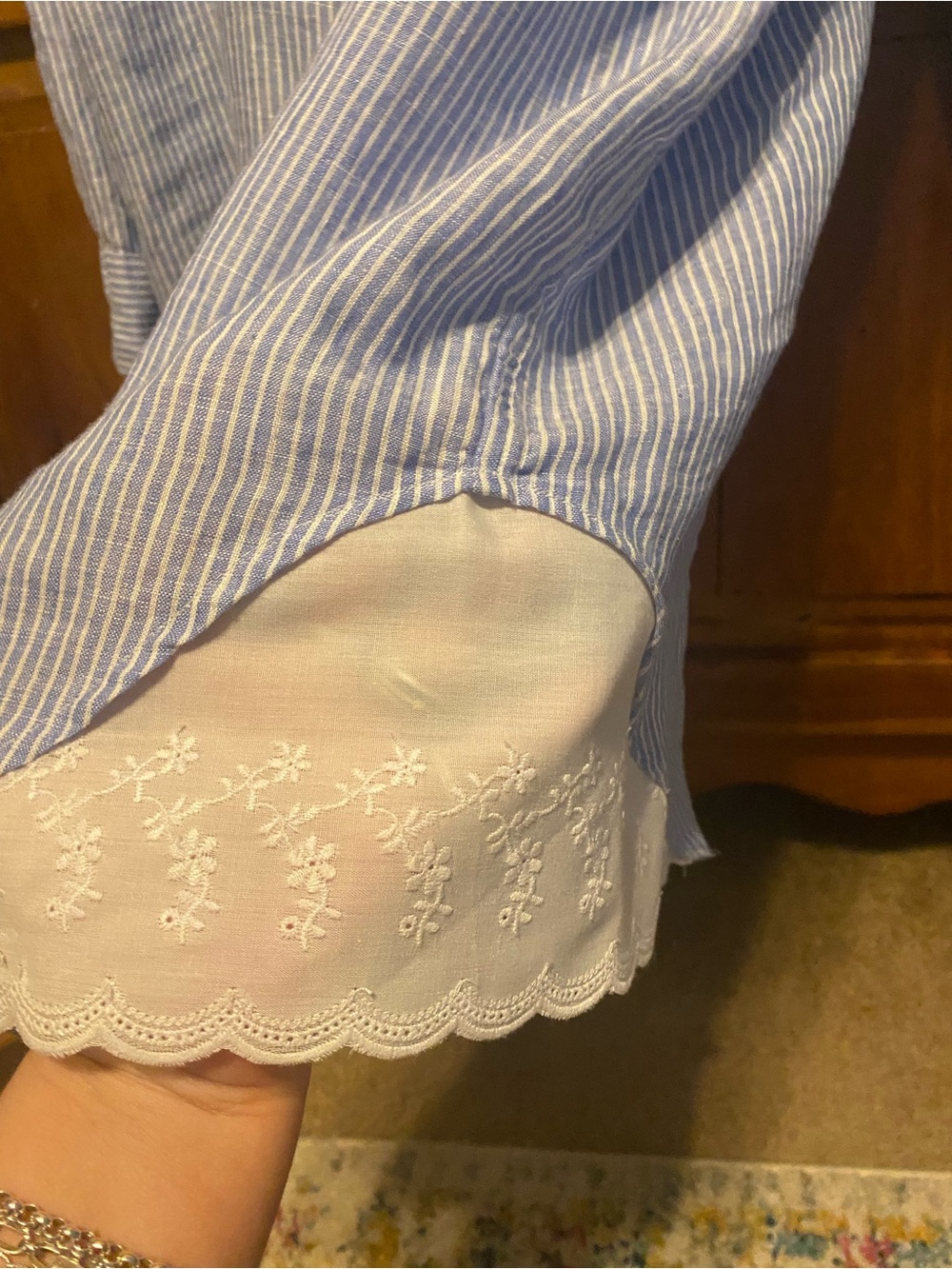 Lauren Ralph Lauren Linen  Blue Stripe Embroidered Hem Shirt Dress Cottagecore - Picture 7 of 14